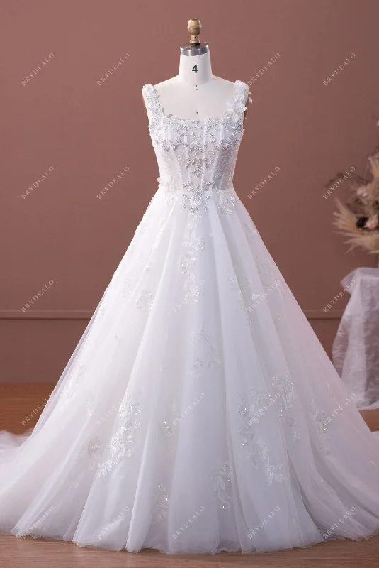 Exclusive Deal Beaded Straps Lace Puffy Tulle Wedding Dress