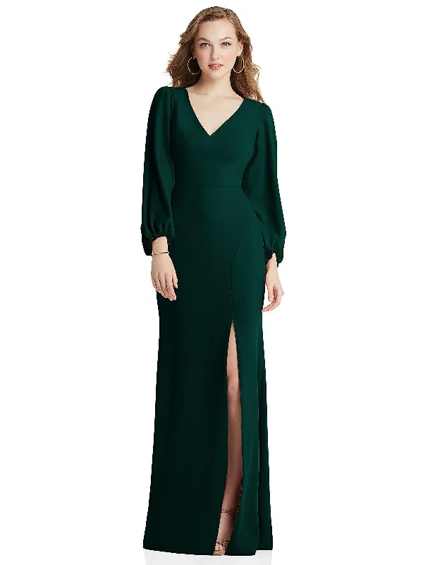 Deep Discounts Long Puff Sleeve V-Neck Trumpet Gown