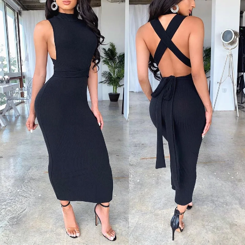 Price Cut Black Backless Sleeveless O Neck Bodycon Dress