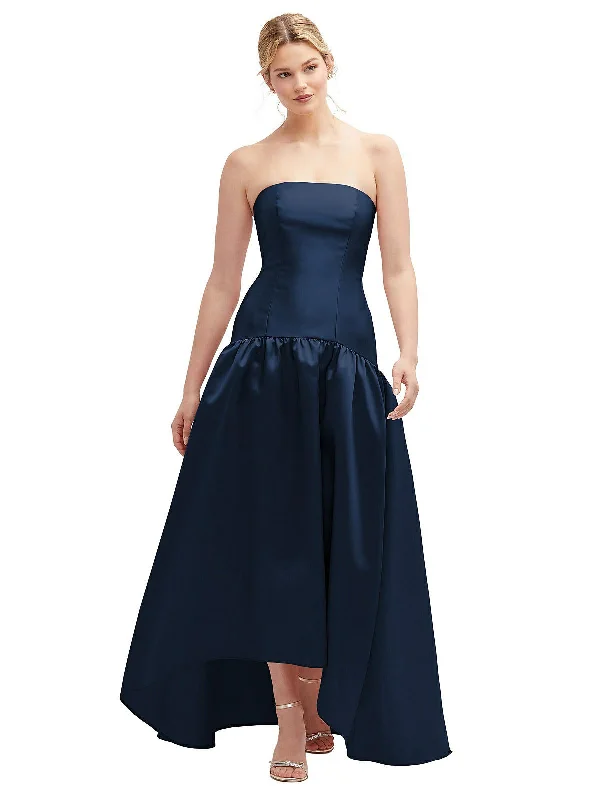 Closeout Sale Strapless Fitted Satin High Low Dress with Shirred Ballgown Skirt