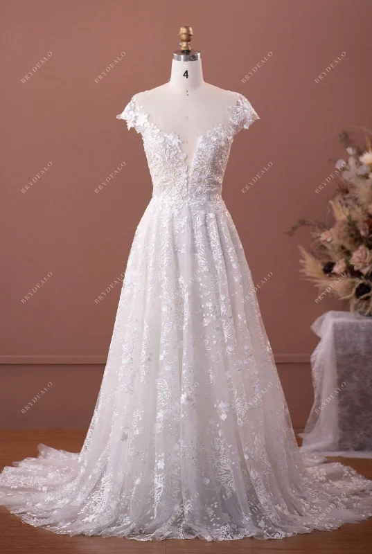 Factory Direct Sale Flower Lace Illusion Neck A-line Boho Bridal Gown