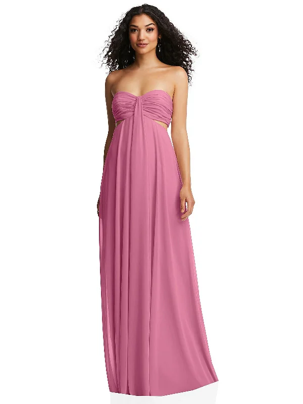 Limited Availability Strapless Empire Waist Cutout Maxi Dress with Covered Button Detail