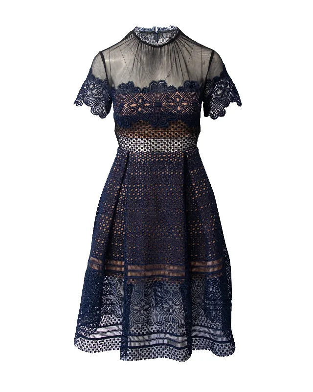 Act Now Self-Portrait Felicia Guipure Lace Dress in Navy Blue Polyester