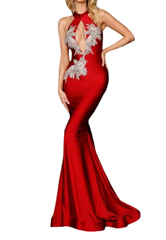 Blowout Deals Halterneck Long Gown In Red