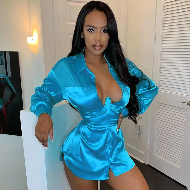 Massive Deals Satin Low Cut Shirt Short Dress