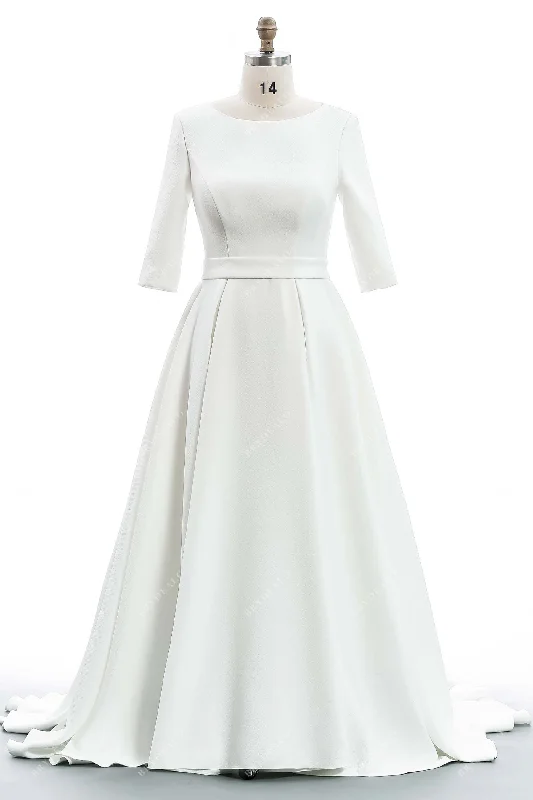 Inventory Reduction Simple Boat Neck 3/4 Sleeve A-line Wedding Dress