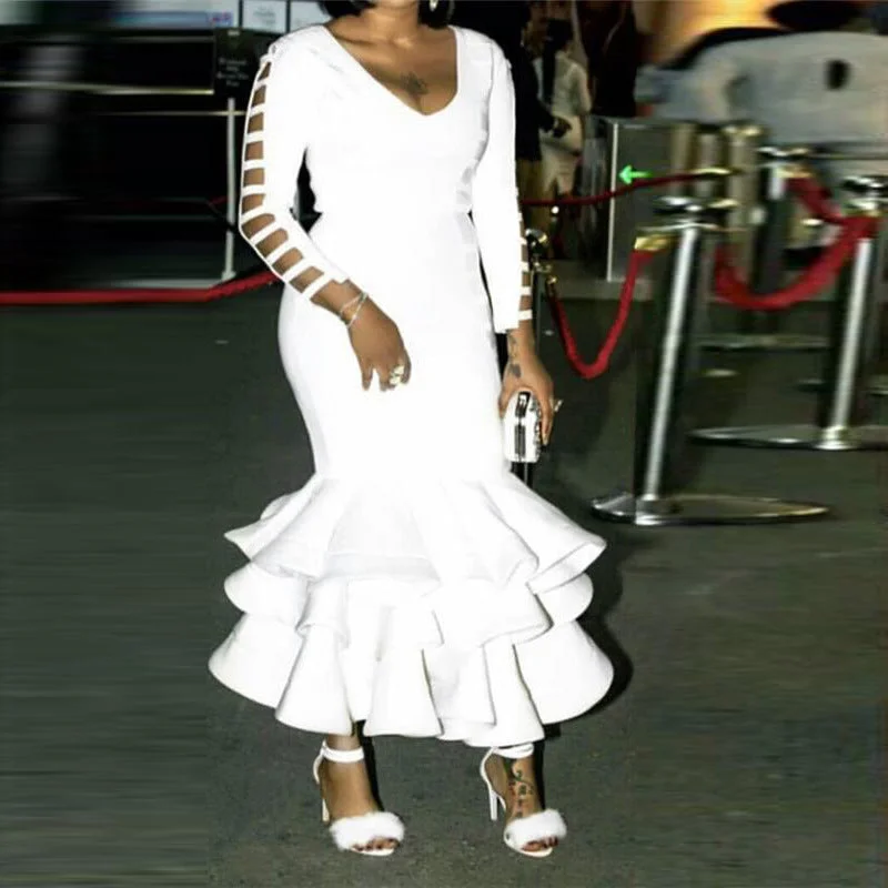 Steals and Deals White Ruffle Cutout Bodycon Low Cut Dress