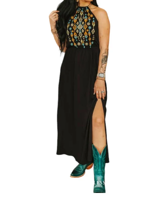 Savings Galore Embroidered Halter Maxi Dress In Black
