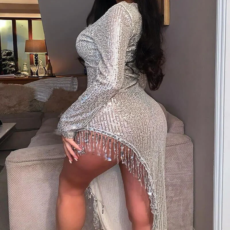 Major Savings Sequin Long Sleeve Fringe Irregular Maxi Dress