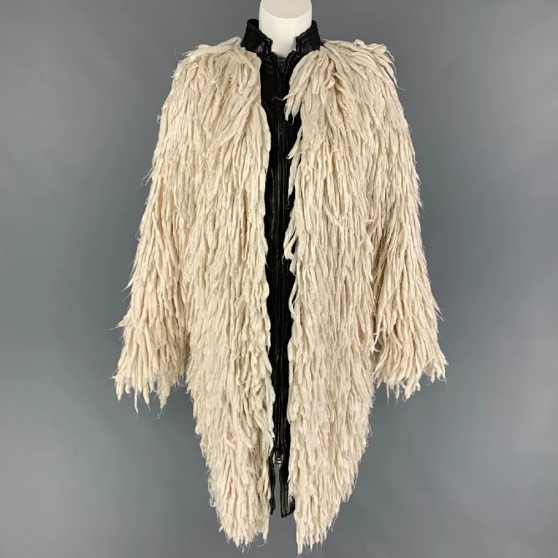 Anniversary Sale TOM FORD Size 2 White Black Silk Shaggy Leather Trim Zip Up Coat