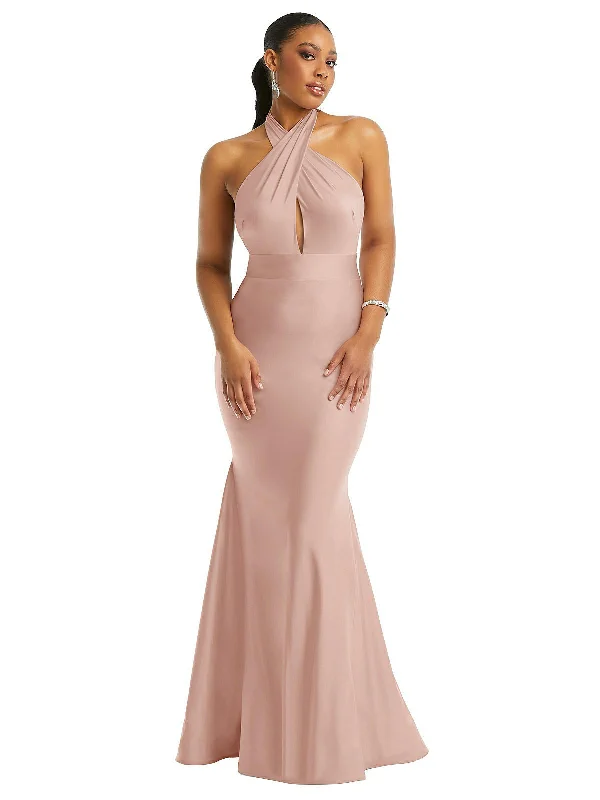 Special Buy Criss Cross Halter Open-Back Stretch Satin Mermaid Dress