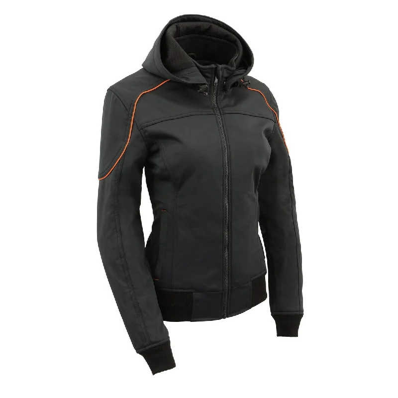 Closeout Milwaukee Leather MPL2764 Women's Black Soft Shell Armored Motorcycle Racing Style Jacket with Hoodie Closeout Milwaukee Leather MPL2764 Women's Black Soft Shell Armored Motorcycle Racing Style Jacket with Hoodie