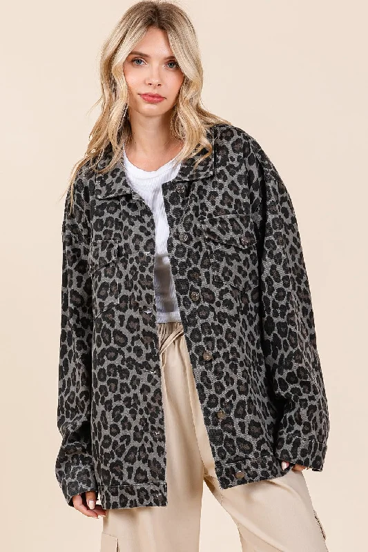 Online Only Mittoshop Leopard Button Up Denim Shacket with Breast Pockets