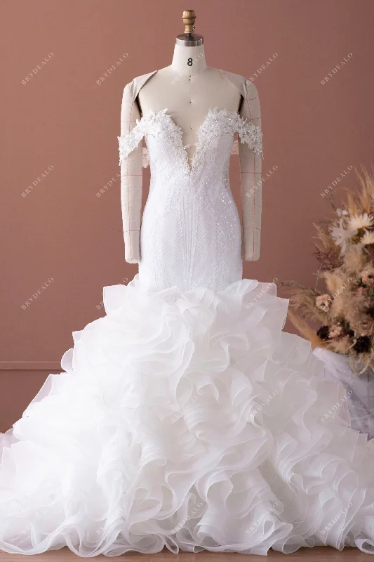 Best Bargains Luxury Off Shoulder Sequined Lace Ruffled Organza Wedding Dress