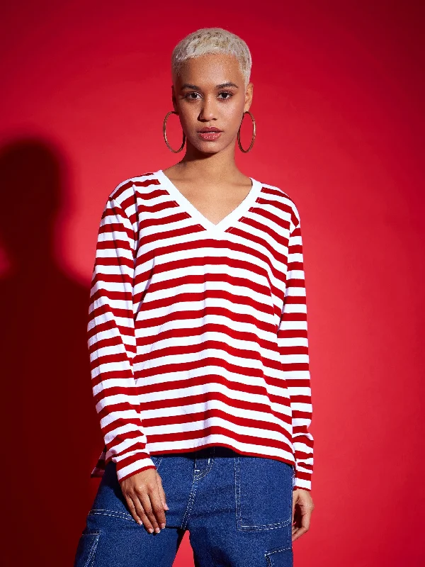 Time-Limited Offer Women Red & White Striped Sweater