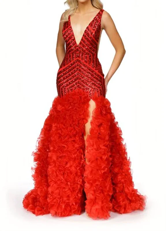 Weekend Deal Beaded Fit And Flare Gown In Red