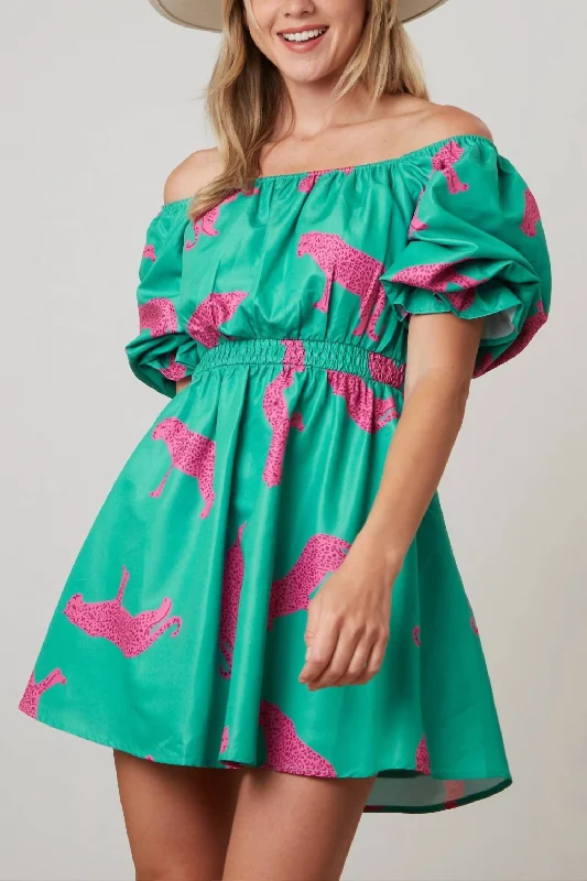 Factory Direct Sale Poplin Mini Dress In Green/pink Cheetah