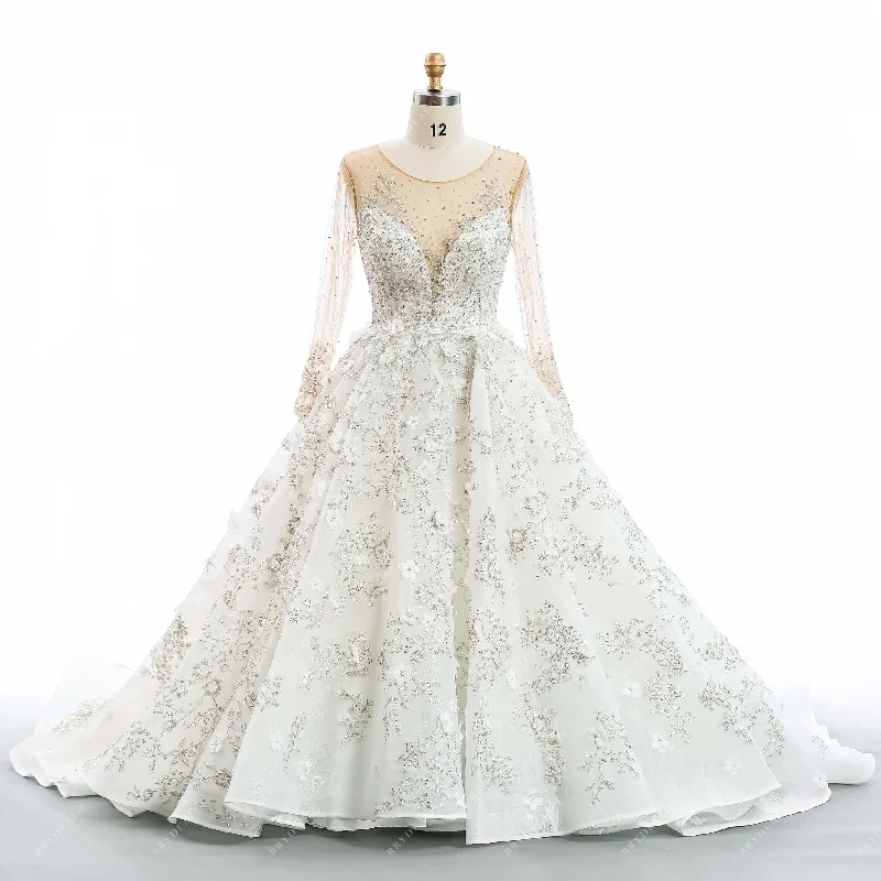Special Buy Lace Beaded Flower Illusion Long Bridal Ball Gown