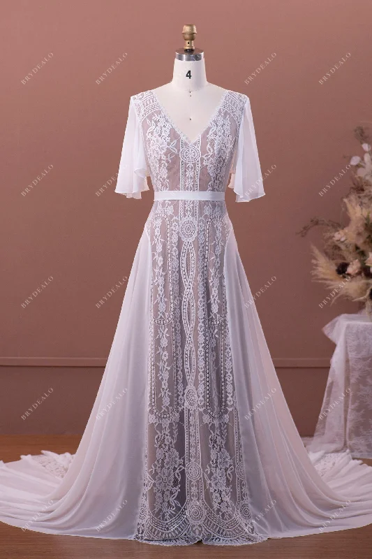 Crazy Savings Flutter Sleeve Flowy Lace Chiffon Boho Wedding Dress