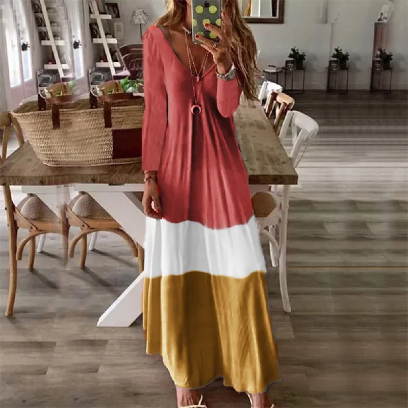 YEAR-End Clearance Long Sleeve Loose V Neck Maxi Dress