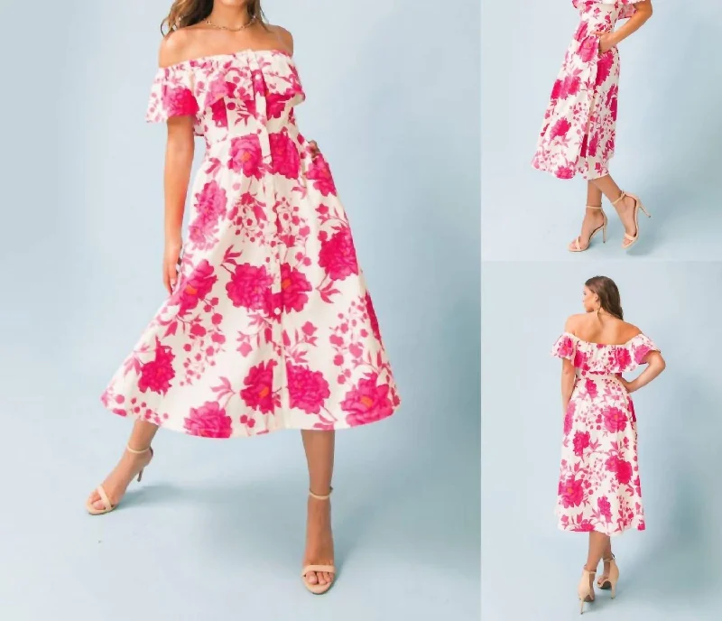 Huge Discounts Floral Print Midi Dress In Fuchsia