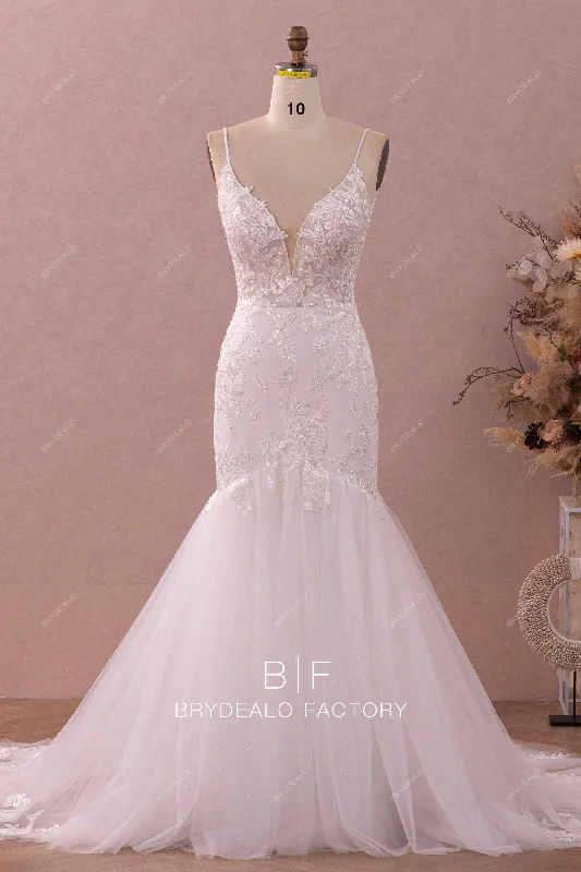 Major Savings Plunging Neck Beaded Lace Trumpet Wedding Dress