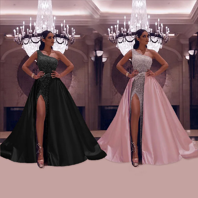 Grand Opening Sale One Shoulder Slit High Waist Sequin Tuxedo Dress