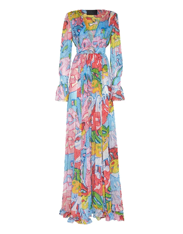 Online Specials Chiffon Long Dress Bombing Graffiti