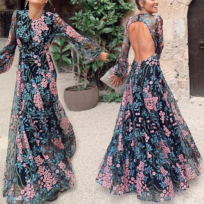 Closeout Sale Floral Long Sleeve Backless Slim Maxi Dress