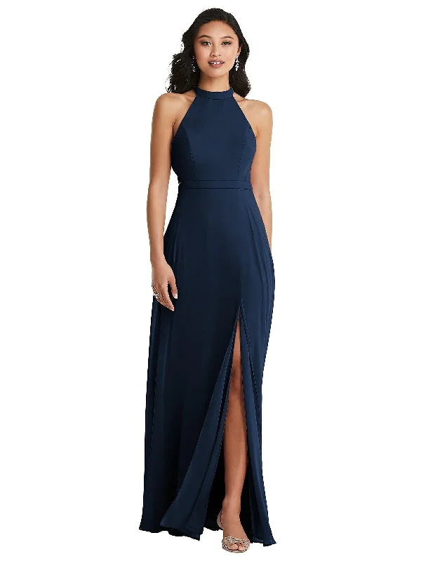 Price Fest Stand Collar Halter Maxi Dress with Criss Cross Open-Back