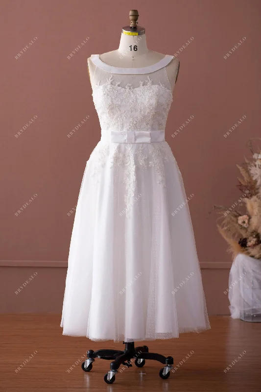 Exclusive Online Offer Cute Sequin Lace Tea Length Puffy Wedding Dress