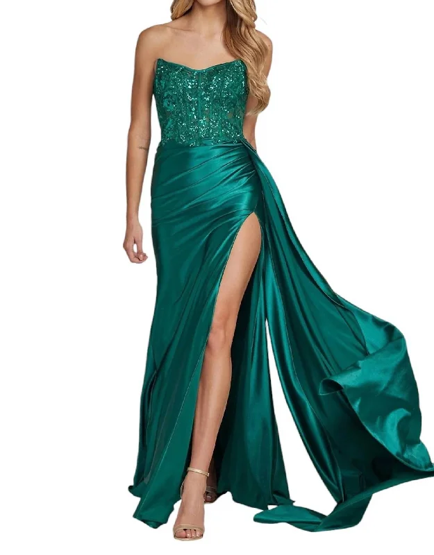 New Deals Embroidered Strapless Slit Gown In Emerald