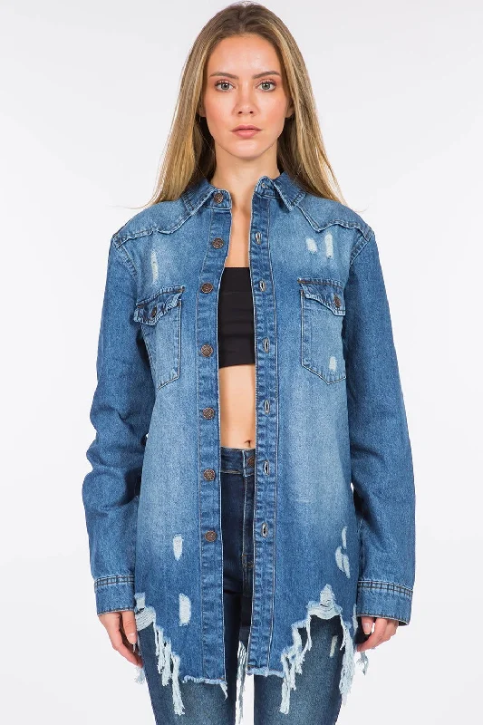 Year-End Clearance American Bazi Distressed Frayed Hem Denim Jacket