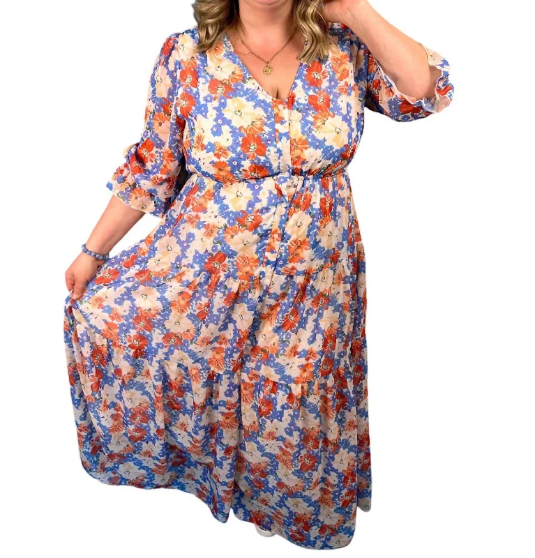 TIME-Limited Offer Floral Print 3/4 Sleeve Button Down Chiffon Dress In Red/blue/white