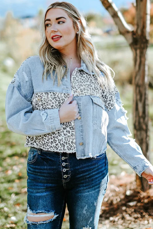 Loyalty Reward Plus Size Leopard Raw Hem Distressed Spliced Denim Jacket