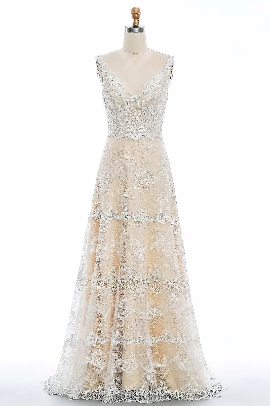 Deep Discounts Champagne Floral Lace Straps Wedding Dress