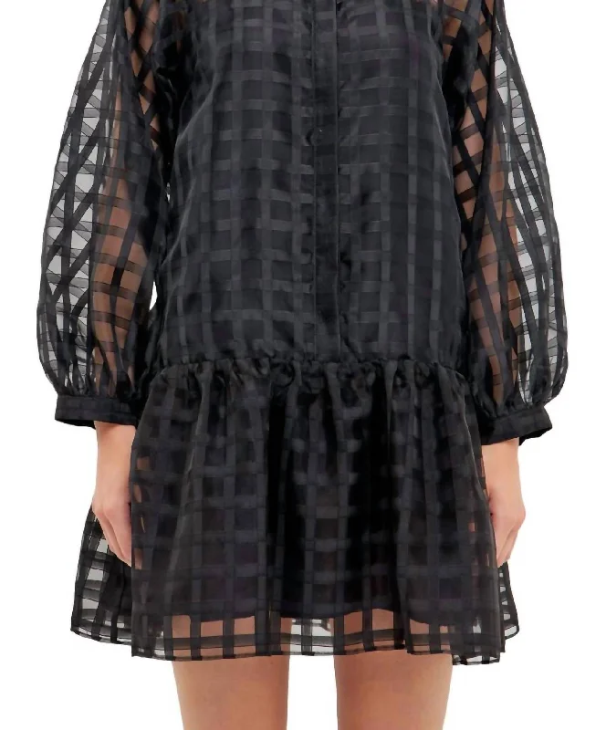 Price Blitz Check Organza Buttoned Long Sleeve Mini Dress In Black