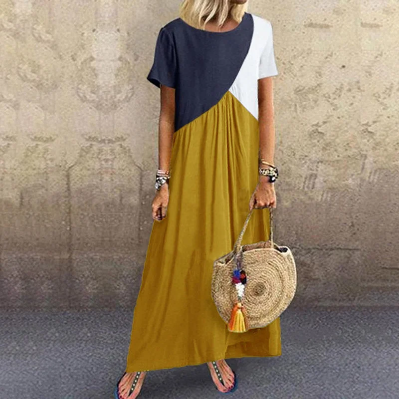 Big Discounts Vacation Short Sleeve Loose Colorblock Maxi Dress