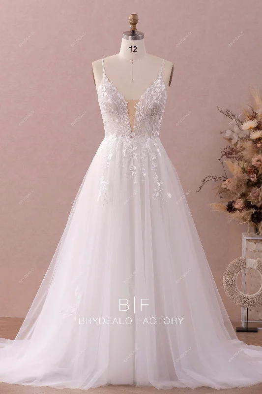 Take Advantage Straps Plunging Lace Tulle A-line Wedding Dress