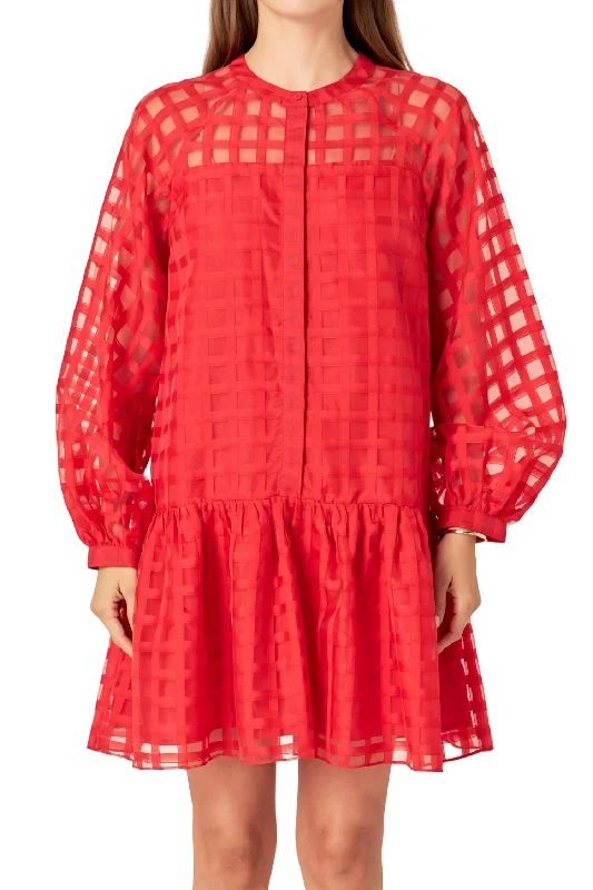 Clearance Items Check Organza Buttoned Long Sleeve Mini Dress In Red