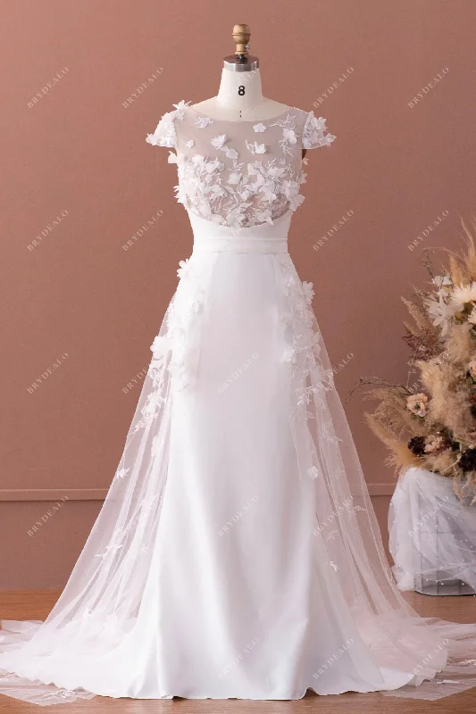 Super Deal Flower Lace Cap Sleeve Detachable Overskirt Crepe Wedding Dress