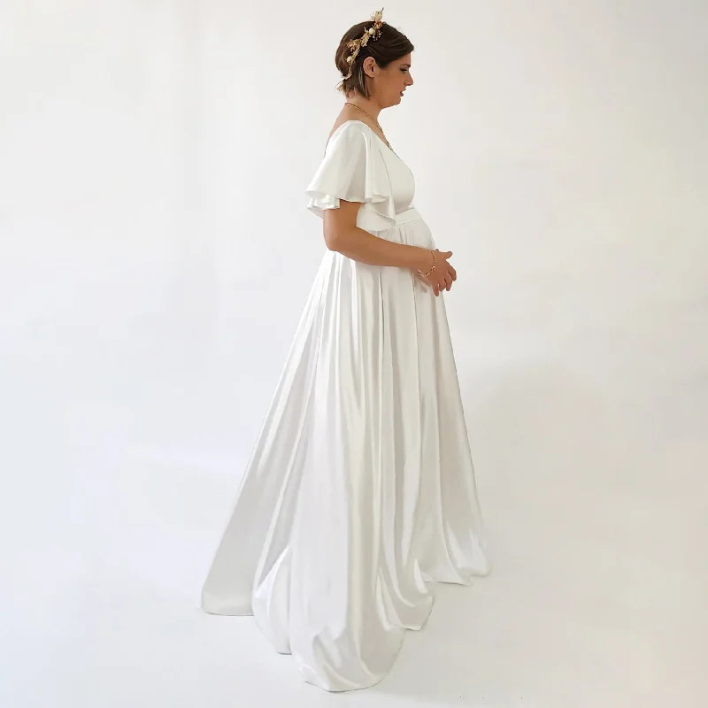 Stock Clearance Maternity Silky Minimalist wedding dress, Elegant Satin Butterfly Sleeves Ivory  Pregnancy Dress #7001