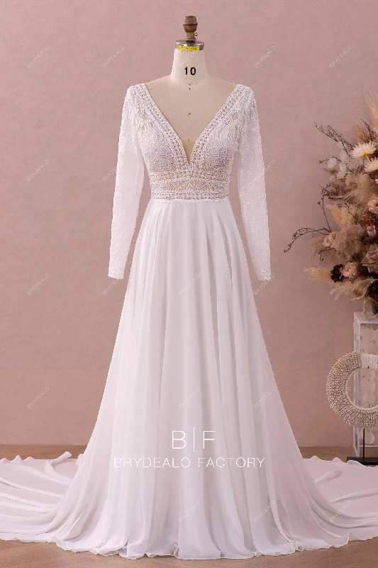 Daily Deals Sleeved Lace Flowing Chiffon Wedding Dress