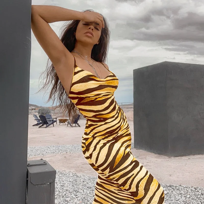 Stock Up and Save Spaghetti Strap Tiger Skin Backless Bodycon Dress