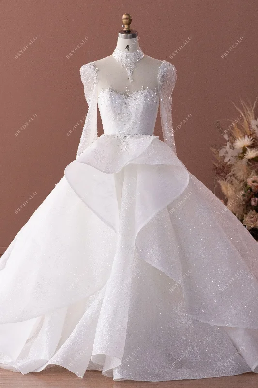 Low Prices Luxury Sparkly Illusion Sleeved Ballgown Wedding Dress with Detachable Overskirt