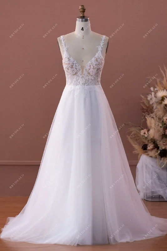 Act Now Beach Plunging Lace High Slit Wedding Dress with Pockets