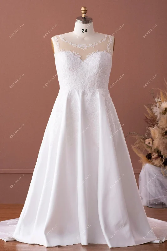 Today’s Special Illusion Neck Lace Satin Plus Size Wedding Dress with Pockets