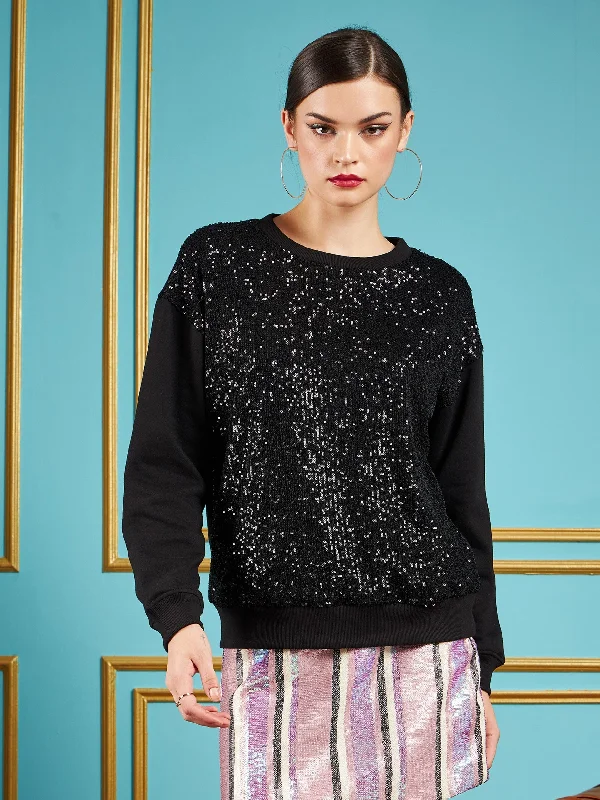 Price Drop Women Black Sequin Oversized Sweatshirt
