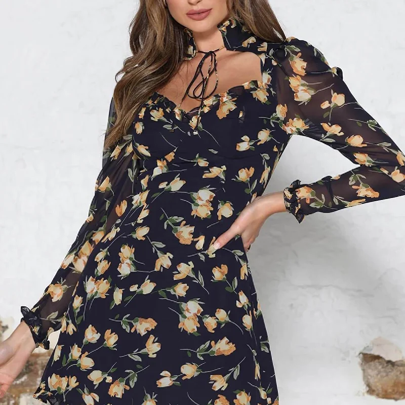 Get It Before It’s Gone Black Floral Flapper Bandage Long Sleeve Dress