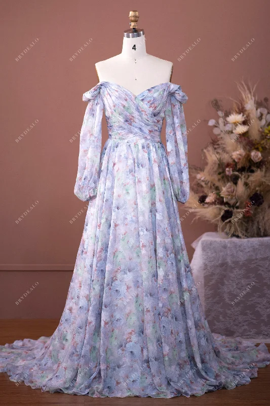 The Best Prices Floral Chiffon Off Shoulder Sleeved Wedding Dress